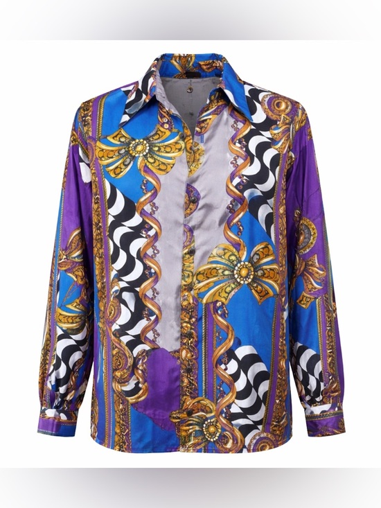 Sangi Tops - Vintage Sangi Baroque Print Shirt Blue Gold Versacecore Luxe Retro- Sz Medium